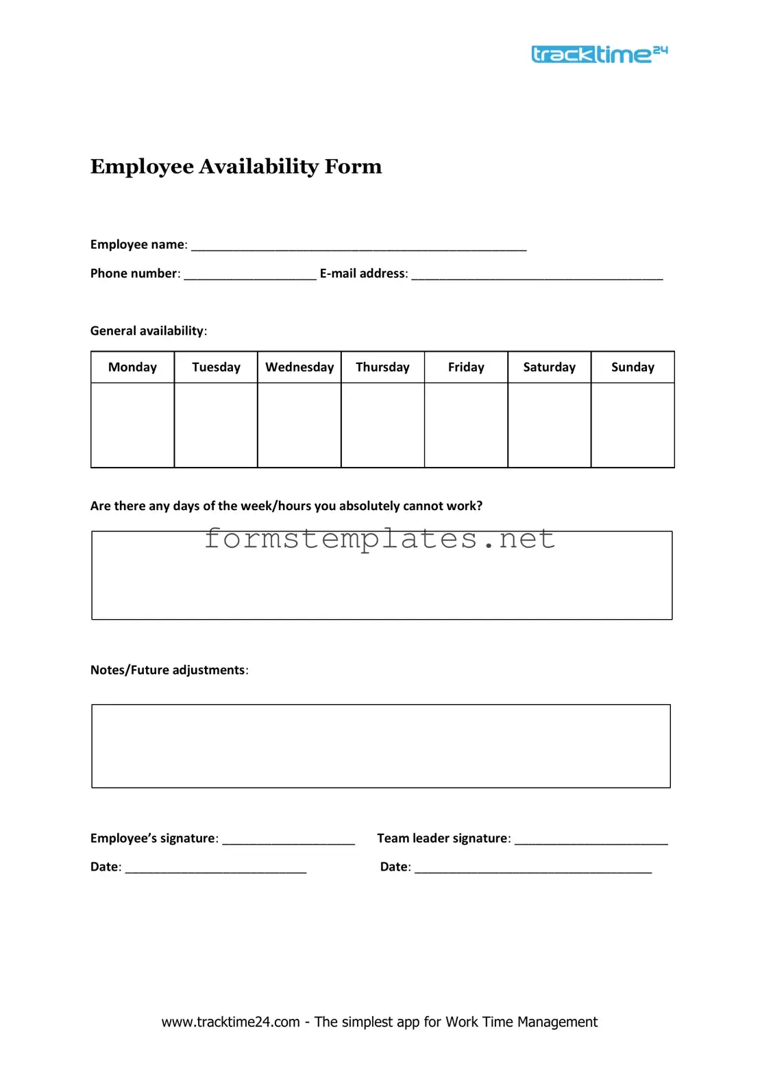 Free Employee Availability Template